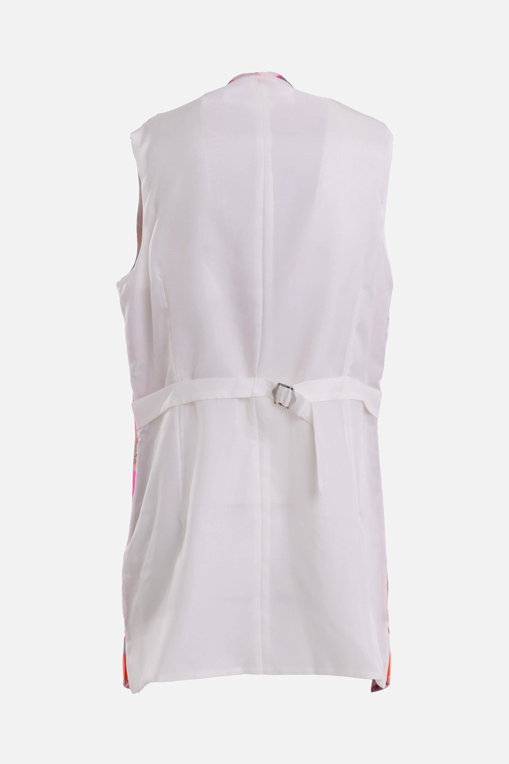 Comme des Garçons Comme des Garçons long vest in pink multicolour, back view, white panel and waist cinch