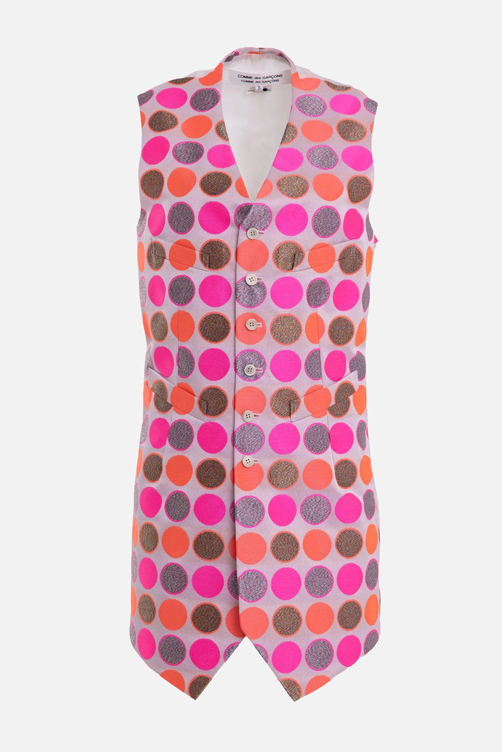 Comme des Garçons Comme des Garçons long vest in pink multicolour, front view, button front and welt pockets