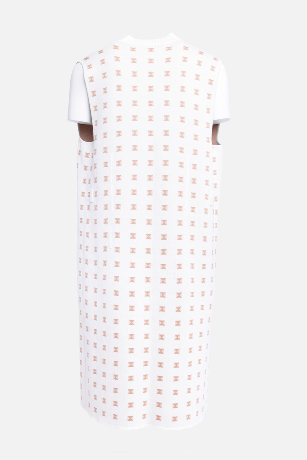 Pre-owned Hermès women's long vest in white/tan, back view, side zip detail and belt loops