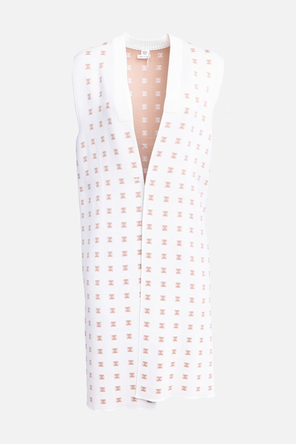 Pre-owned Hermès women's long vest in white/tan, front view, ribbed V-neck trim