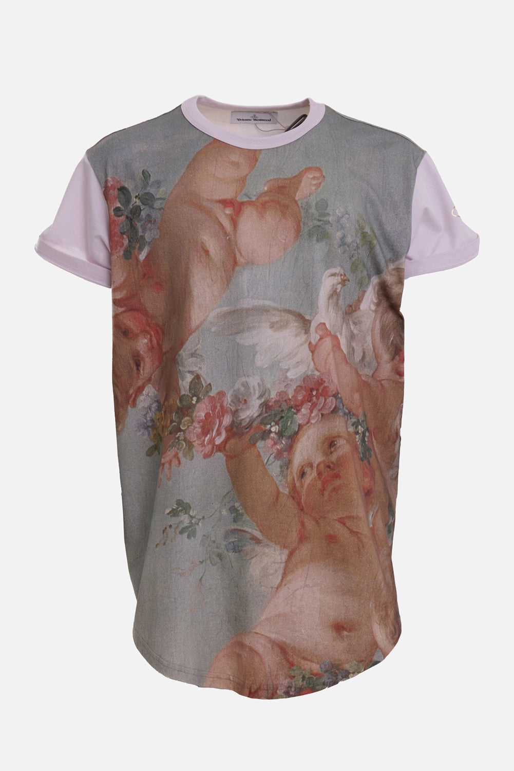 Vivienne Westwood unisex longline T-shirt in Primavera Cherubs, front view with pink sleeves and cherub and dove print