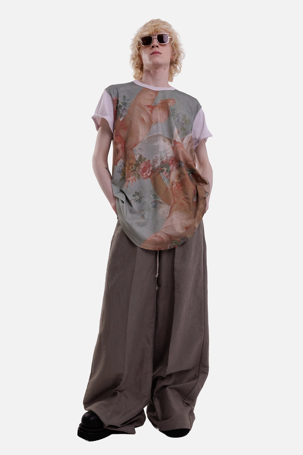 Vivienne Westwood unisex longline T-shirt in Primavera Cherubs, full-length view with oversized artwork and curved hem