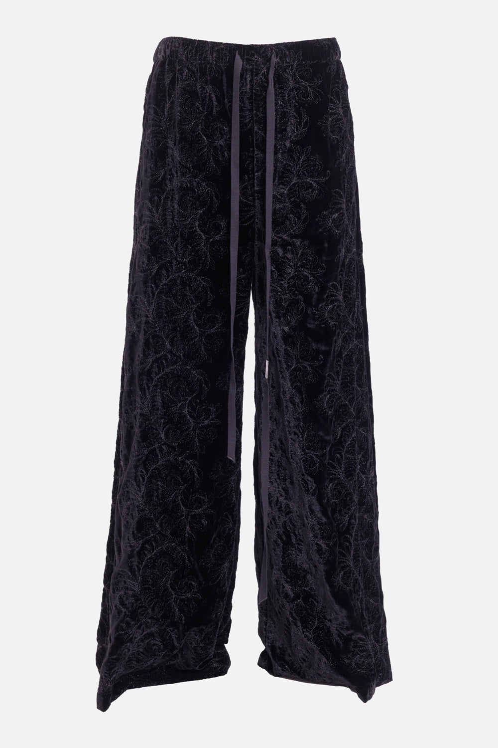 Ann Demeulemeester women's lounge pants in black, front view with elastic waist, long ties and paisley velvet