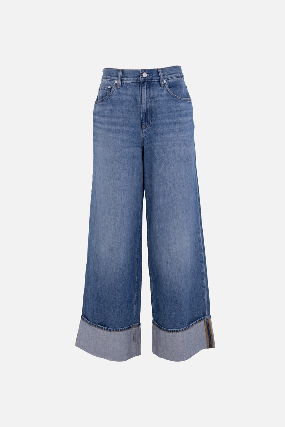Helmut Lang low-rise drop jeans in classic blue, front view, five-pocket styling and wide folded hem