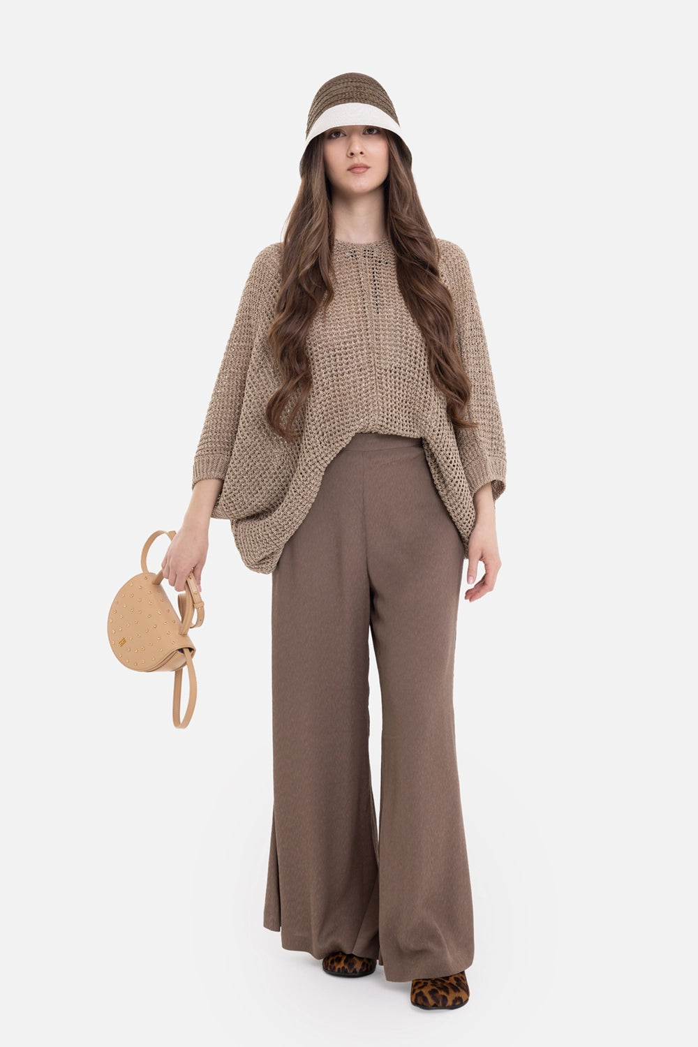 By Malene Birger women's flared trousers in chocolate chip, on-model full-length view, wide leg fit