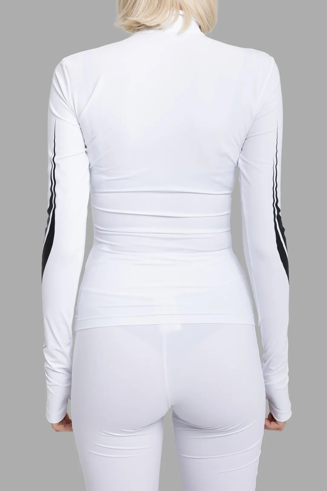 MSGM women's white lycra top, back view, slim fit with black race graphics running along sleeves.