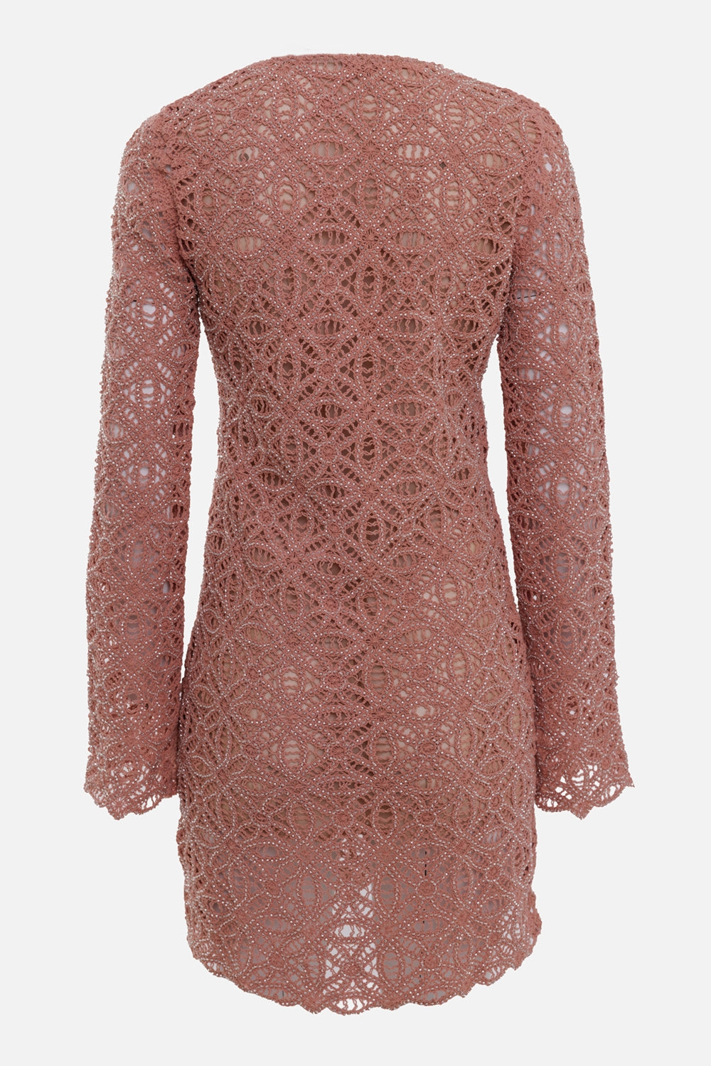 Anjuna women's macramé short dress in blush pink, back view, long sleeves and allover open lace pattern