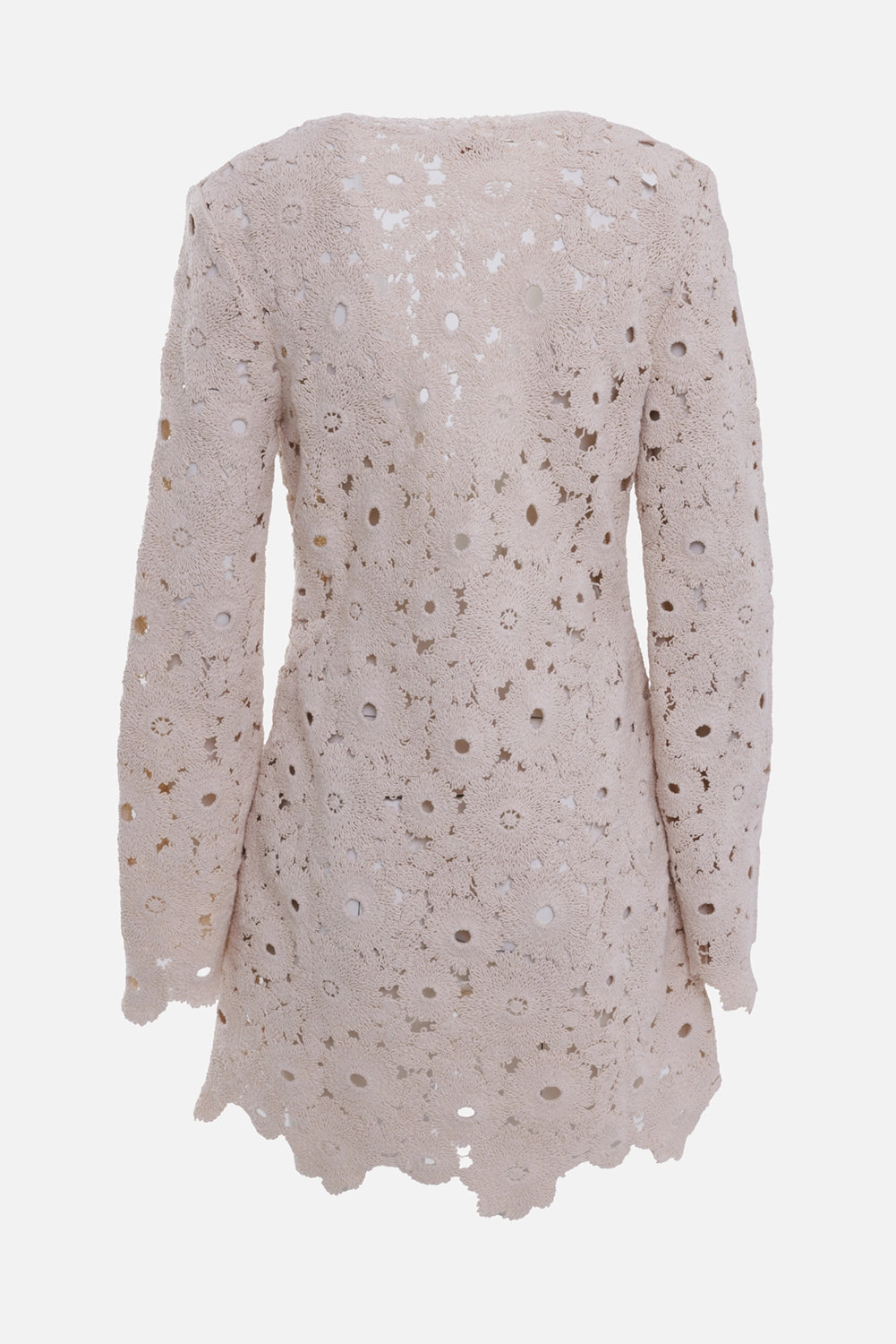 Anjuna women's macramé short dress in rose blush, back view, open floral lace and long sleeves