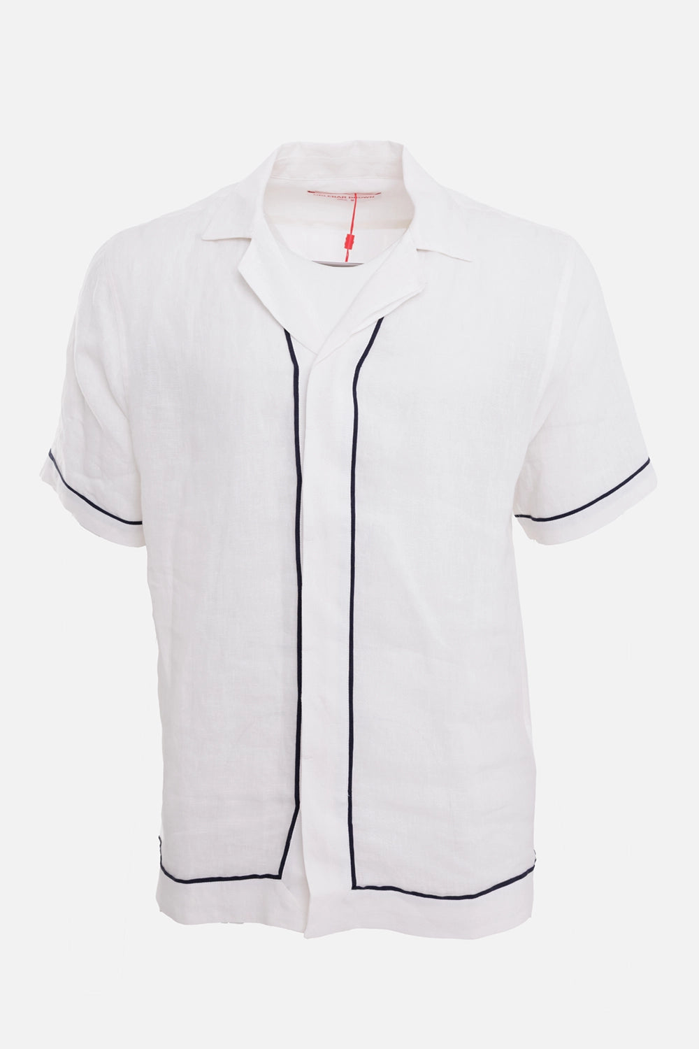 Orlebar Brown men's linen shirt in White Sand/Night Iris, front view with Capri collar, hidden placket and navy piping