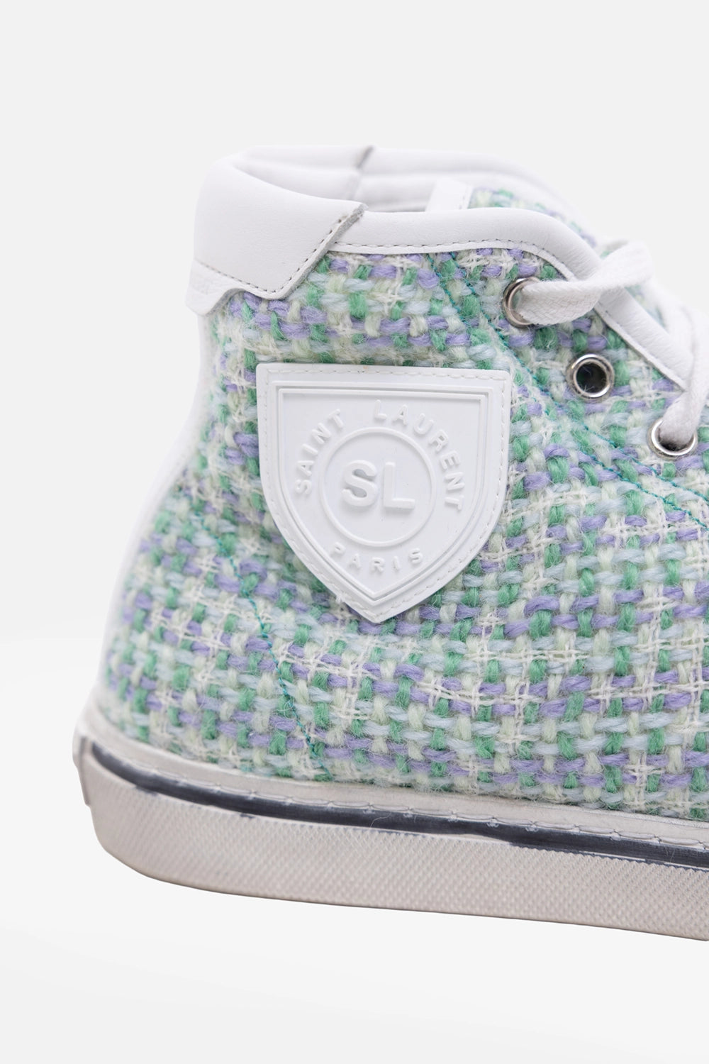 Pre-owned Saint Laurent Malibu high-top sneakers in green/white, side close-up, white shield logo patch on tweed