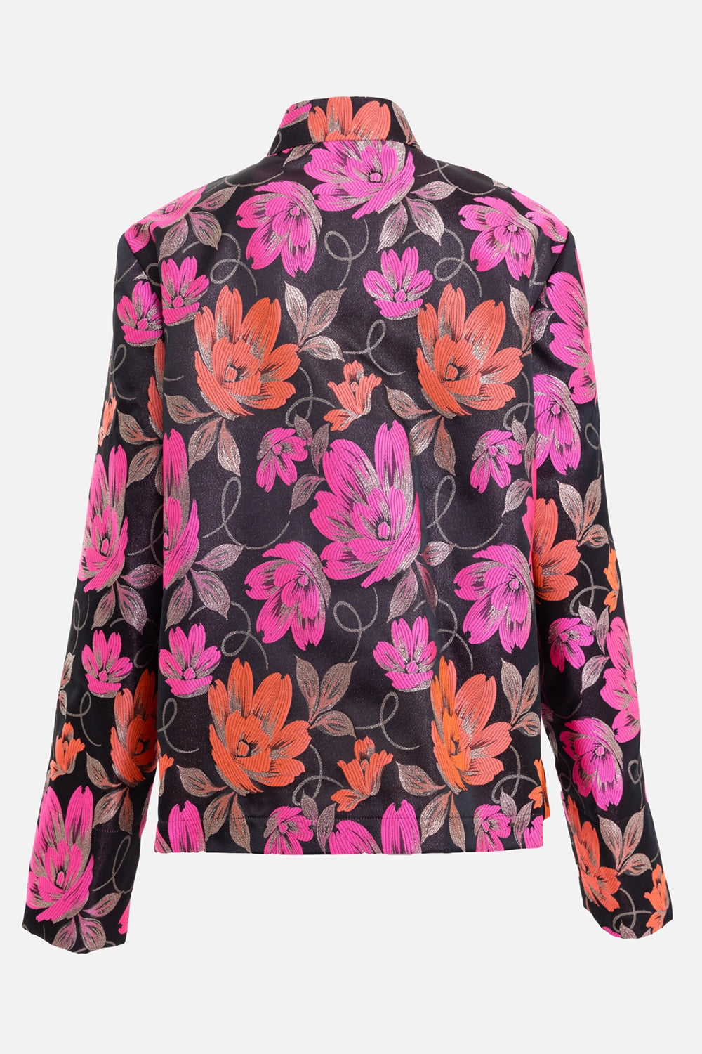COMME des GARÇONS women's jacket in black floral, back view, pink and orange jacquard flowers