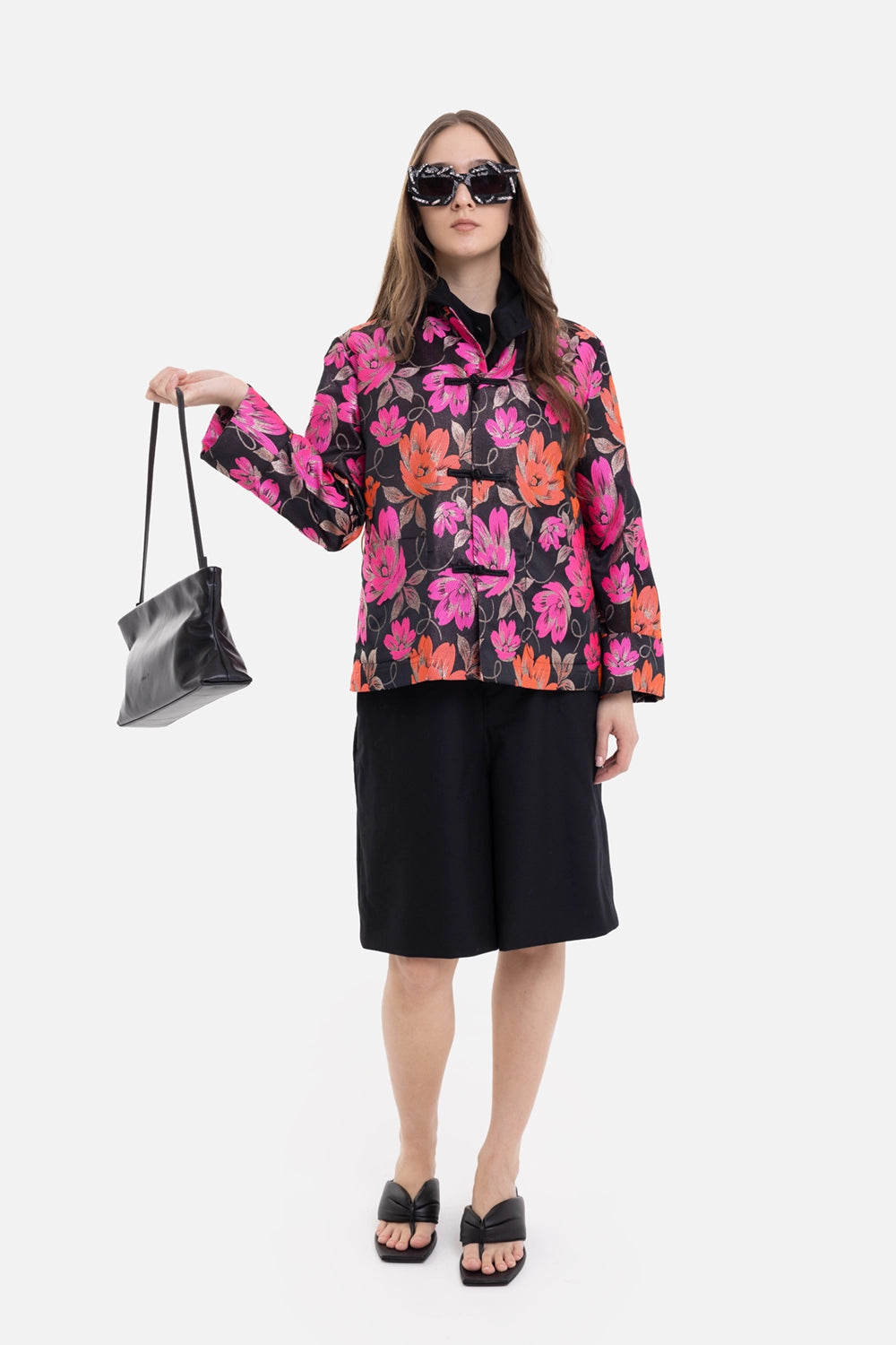 COMME des GARÇONS women's jacket in black floral, on-model full length, worn with black shorts