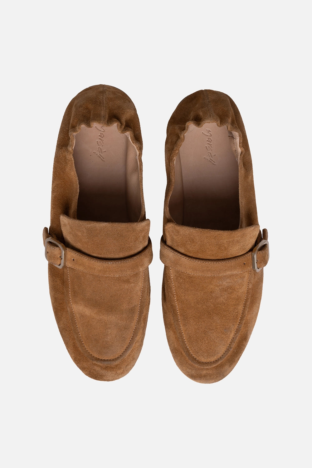 Marsèll Mandolo suede loafers in legno, top view with buckle strap and rounded toe