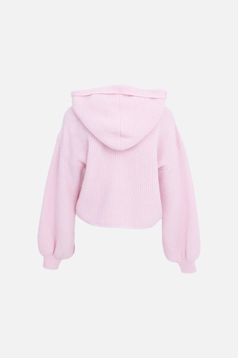 Pink rib-knit hoodie sweater, back view