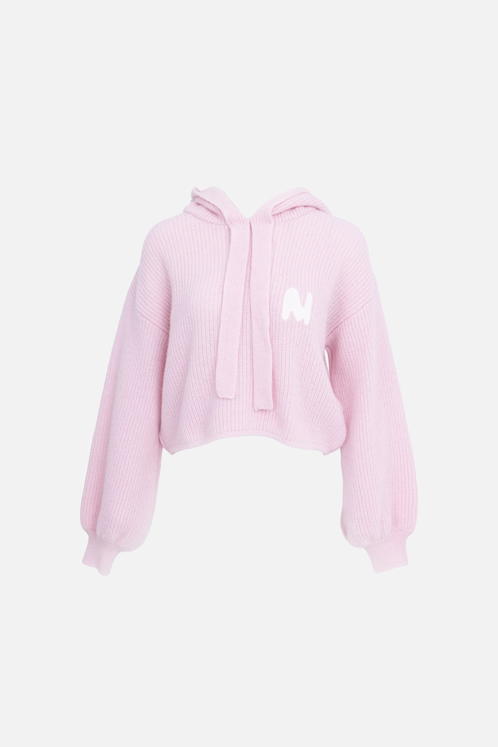 Pink rib-knit hoodie sweater with drawstrings and M motif, front view