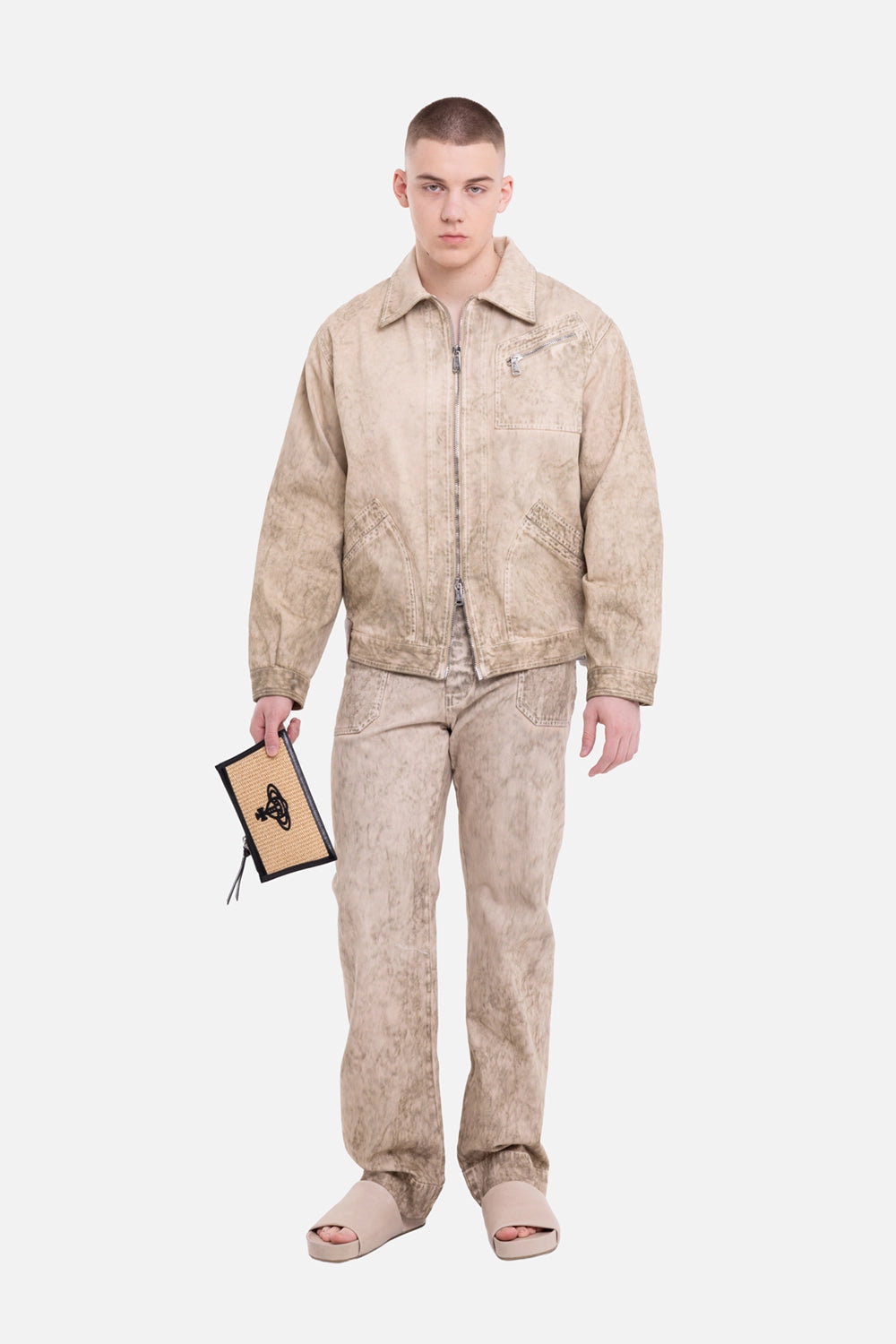 Vivienne Westwood men's denim jacket in washed beige, on-model full-length view with zipped chest pocket