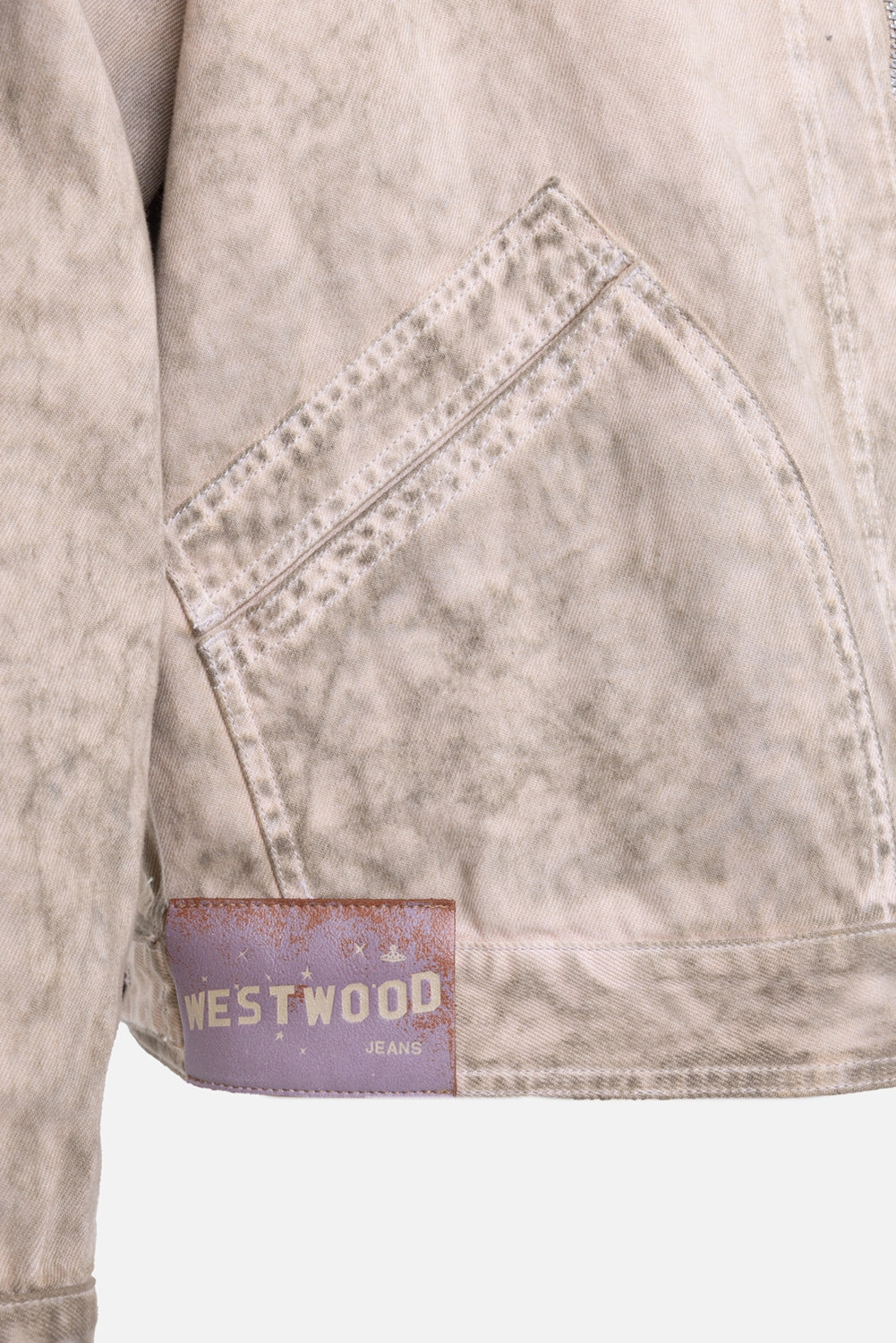 Vivienne Westwood men's denim jacket in washed beige, detail view of angled pocket and Westwood Jeans patch