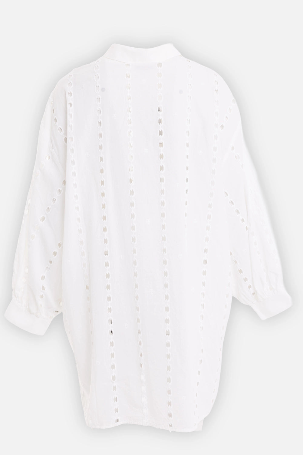 ANINE BING women’s shirt dress in white, back view, sheer cotton voile and vertical eyelet stripes