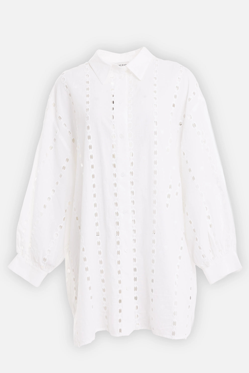 ANINE BING women’s shirt dress in white, front view, pointed collar and chain-link eyelet stripes