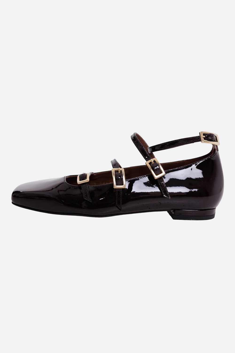 ALOHAS women's Mary Jane flats in burgundy, side view, patent leather straps and gold buckles