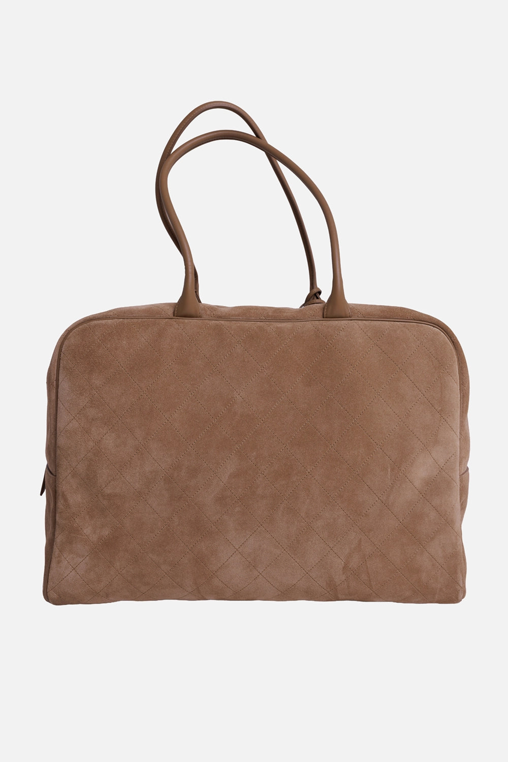 Chanel women's Maxi Bowling Bag in dark beige suede, back view with diamond quilting and long calfskin handles