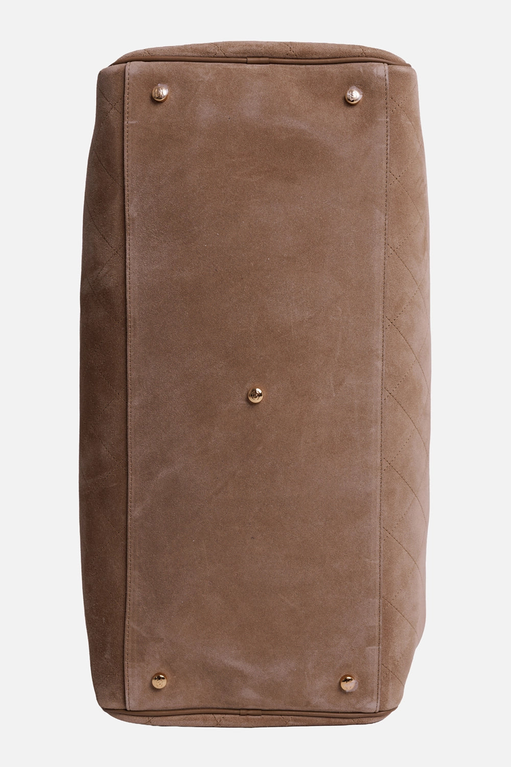 Chanel women's Maxi Bowling Bag in dark beige suede, base view with smooth suede panel and five gold-tone protective feet