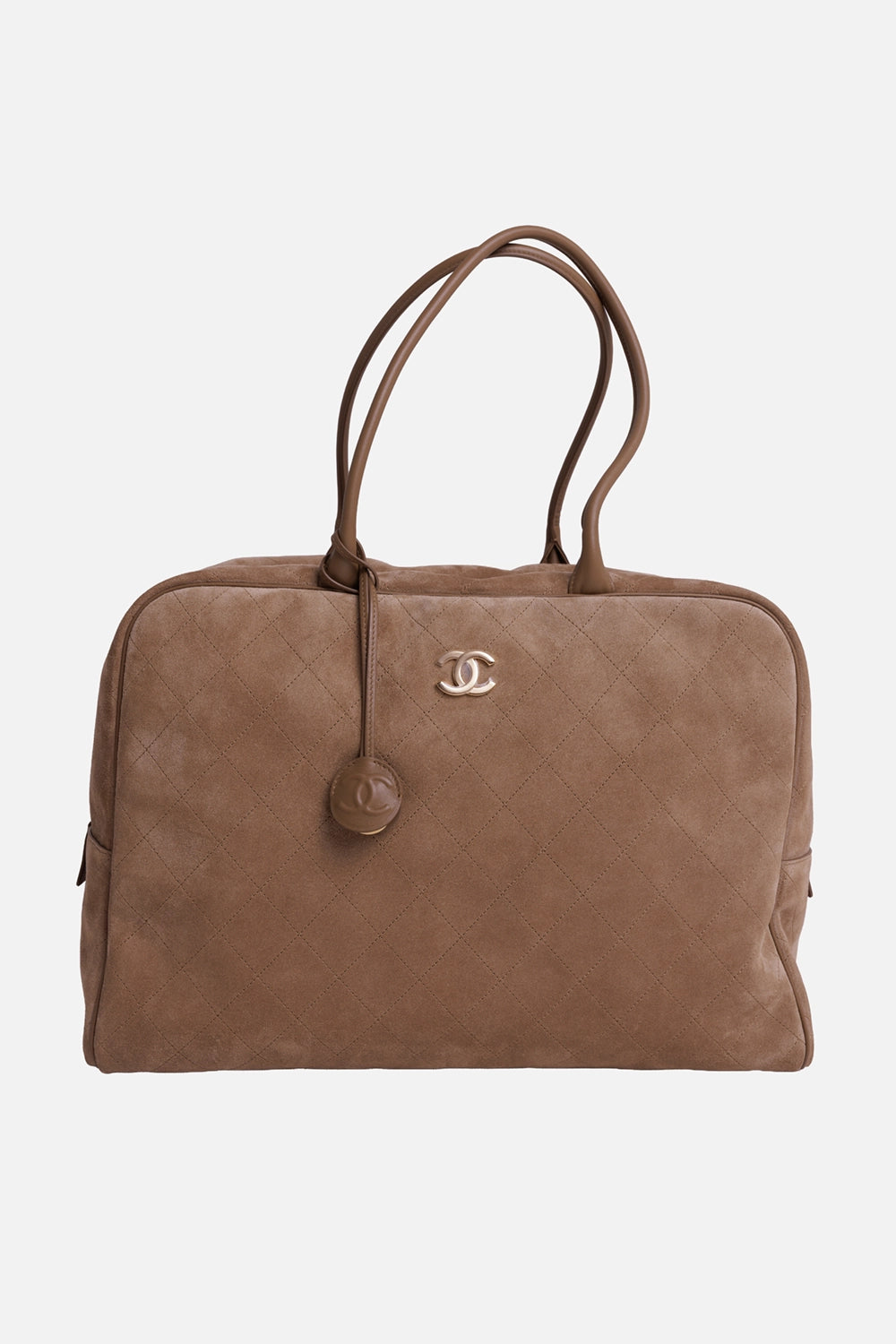 Chanel women's Maxi Bowling Bag in dark beige suede, front view with diamond quilting, gold-tone CC and round charm