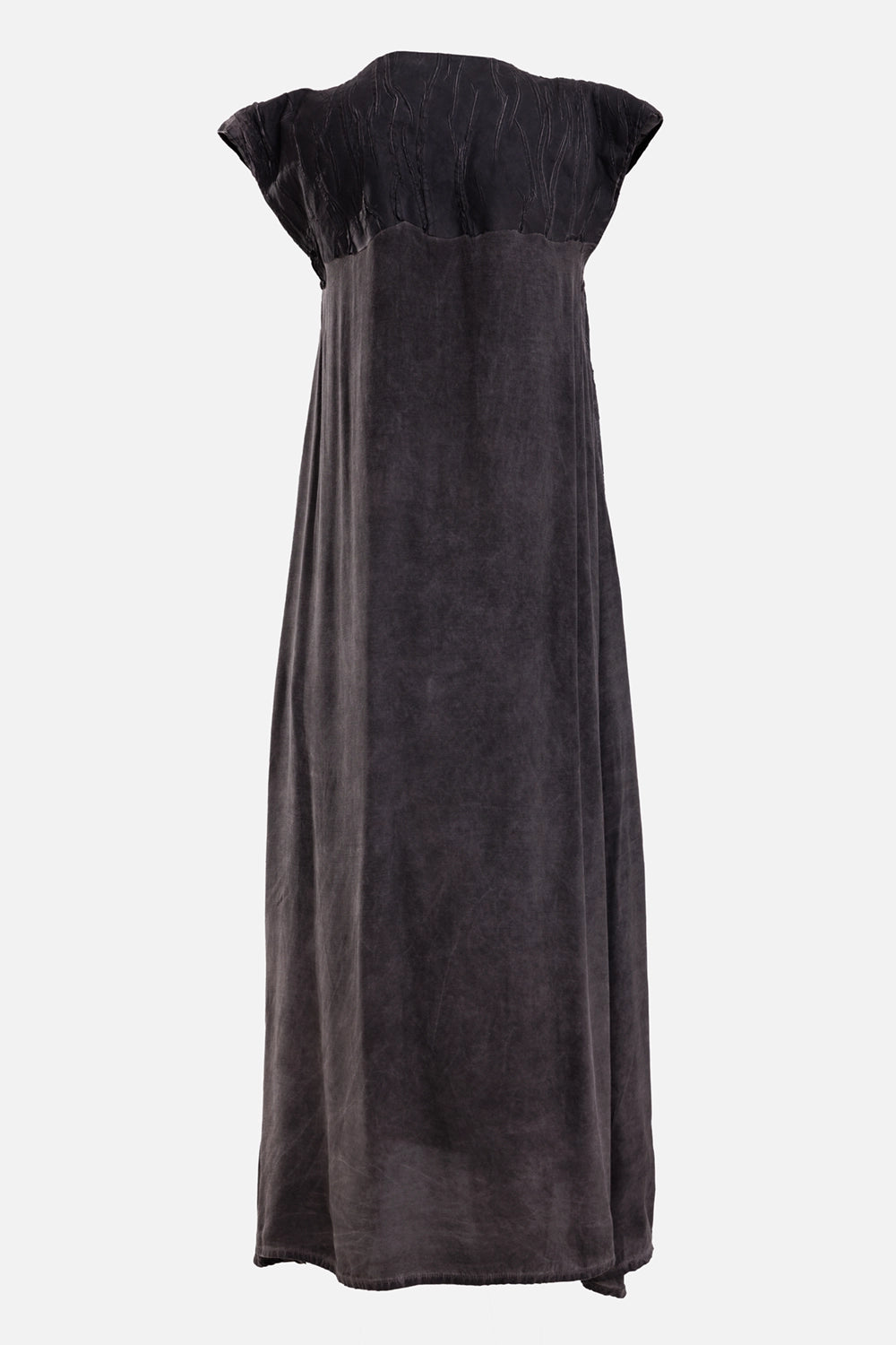 Isaac Sellam Experience women's black maxi dress, back view with cap sleeves, textured yoke and flowing charcoal skirt