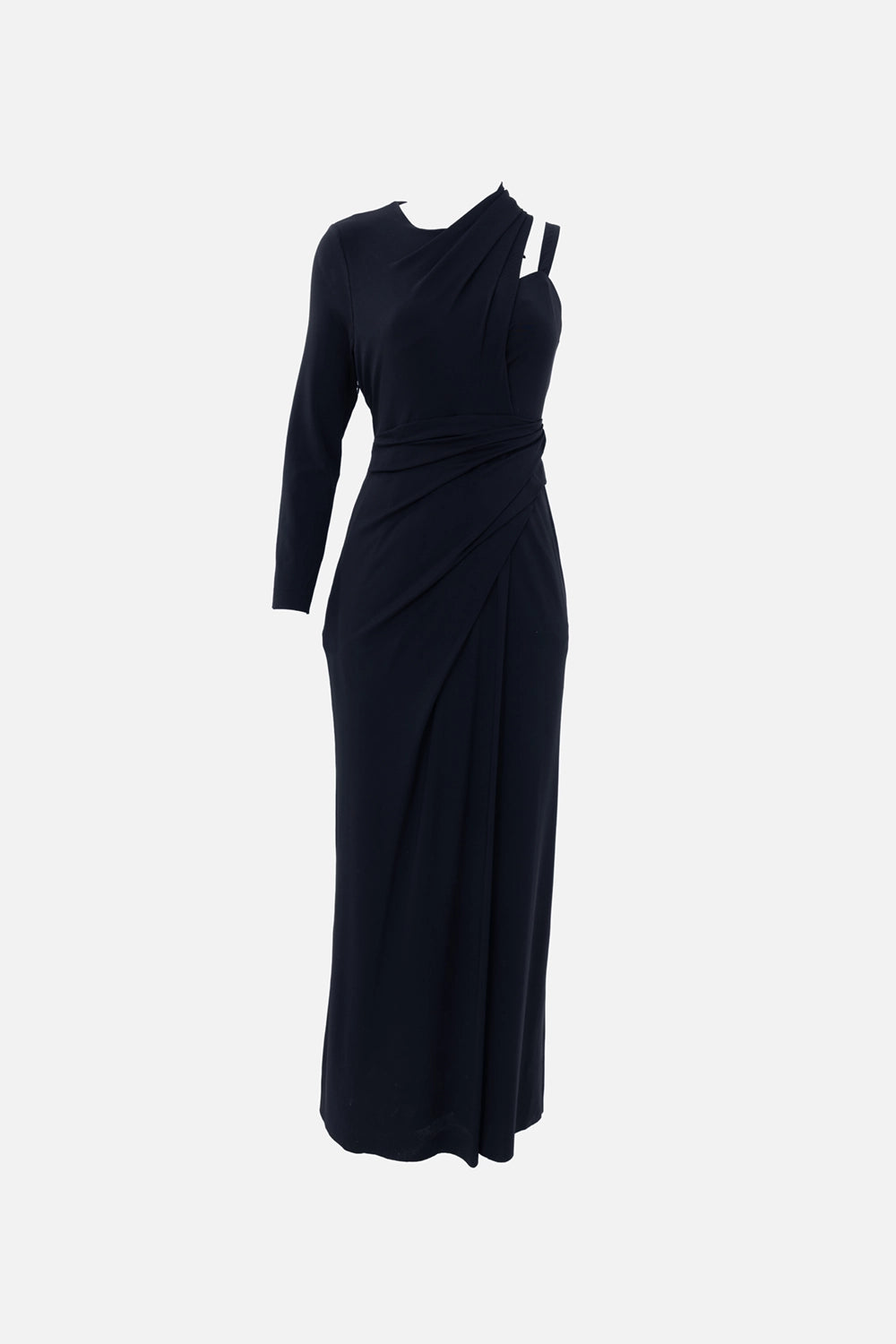 Pre-owned Alexander Wang women's maxi dress in black, front view, asymmetric neckline with draped shoulder panel