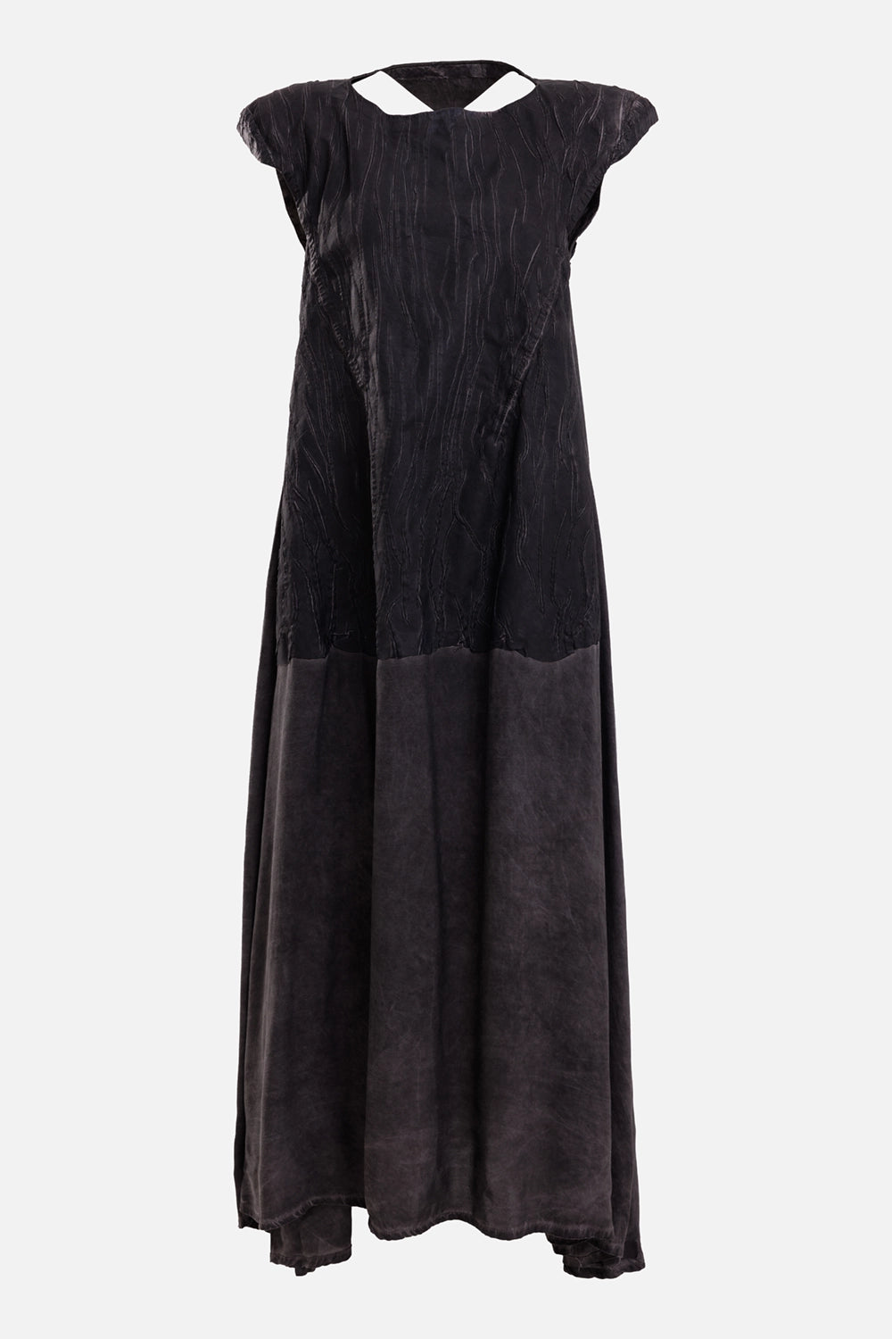 Isaac Sellam Experience women's black maxi dress, front view with cap sleeves, textured bodice and washed skirt