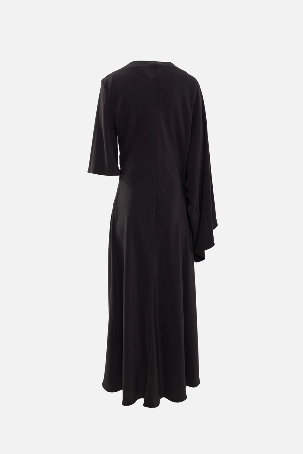 JOSEPH womens maxi dress in cocoa, back view, clean flowing maxi skirt with asymmetric sleeve drape