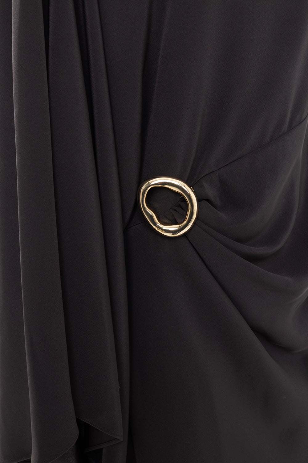 JOSEPH womens maxi dress in cocoa, hardware close-up, gold-tone ring detail with gathered satin twill pleats