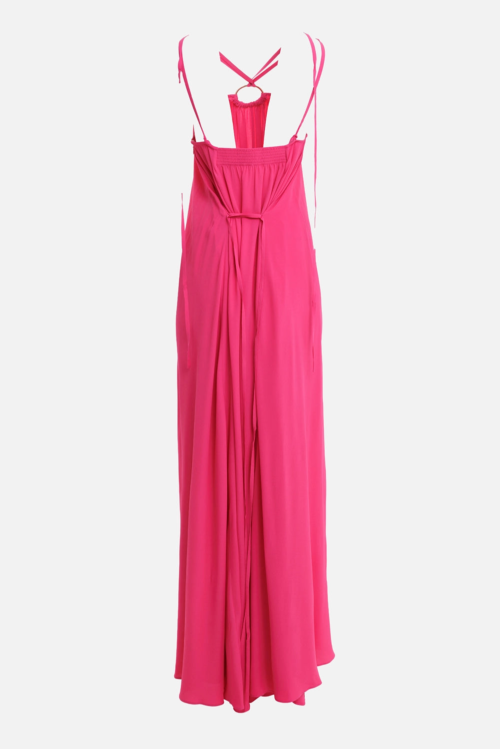 JOSEPH women's maxi dress in Fuchsia, back view with open back, elasticated panel and waist tie
