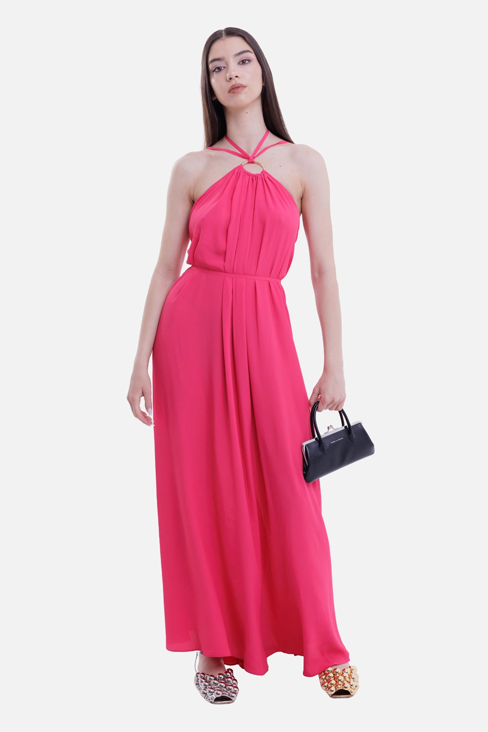 JOSEPH women's maxi dress in Fuchsia, full-length view with halterneck and metal ring neckline