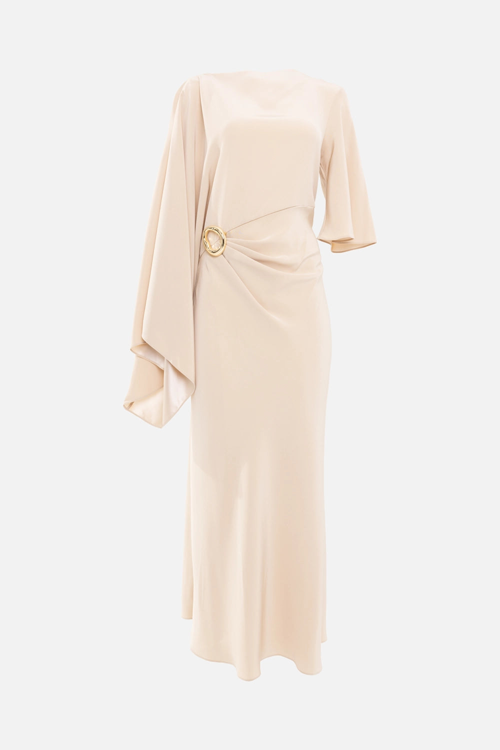 JOSEPH womens maxi dress in powder, front view, satin twill drape with oversized sleeve panel and ring-gathered waist