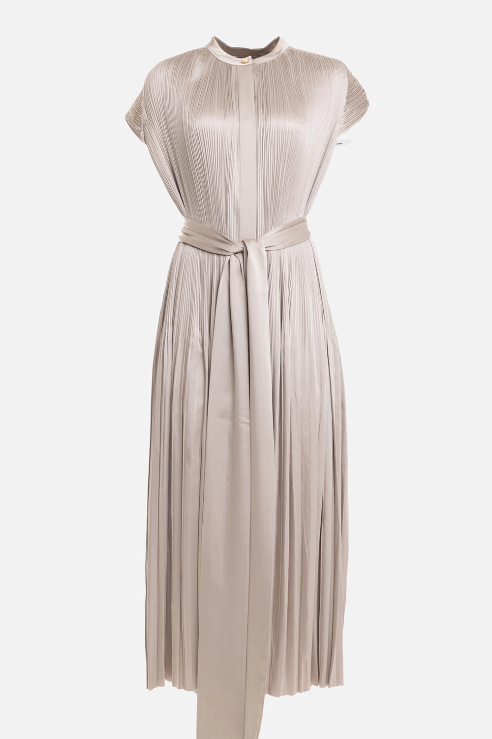 JOSEPH women's dress in powder, front view, stand collar and self-tie belt over pleated satin