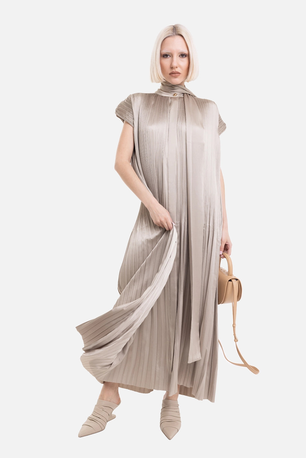 JOSEPH women's dress in powder, on-model full-length view, flowing pleated skirt and long tie belt