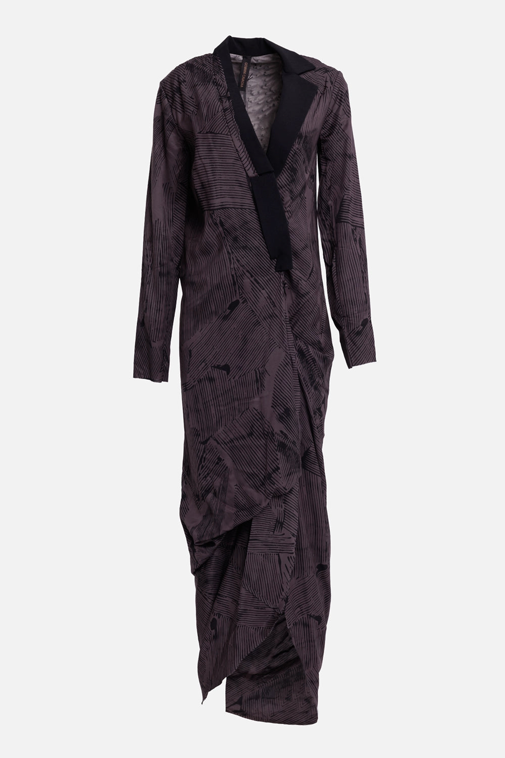 Giovanni Cavagna women's printed maxi dress, front view with black lapels and asymmetric draped hem