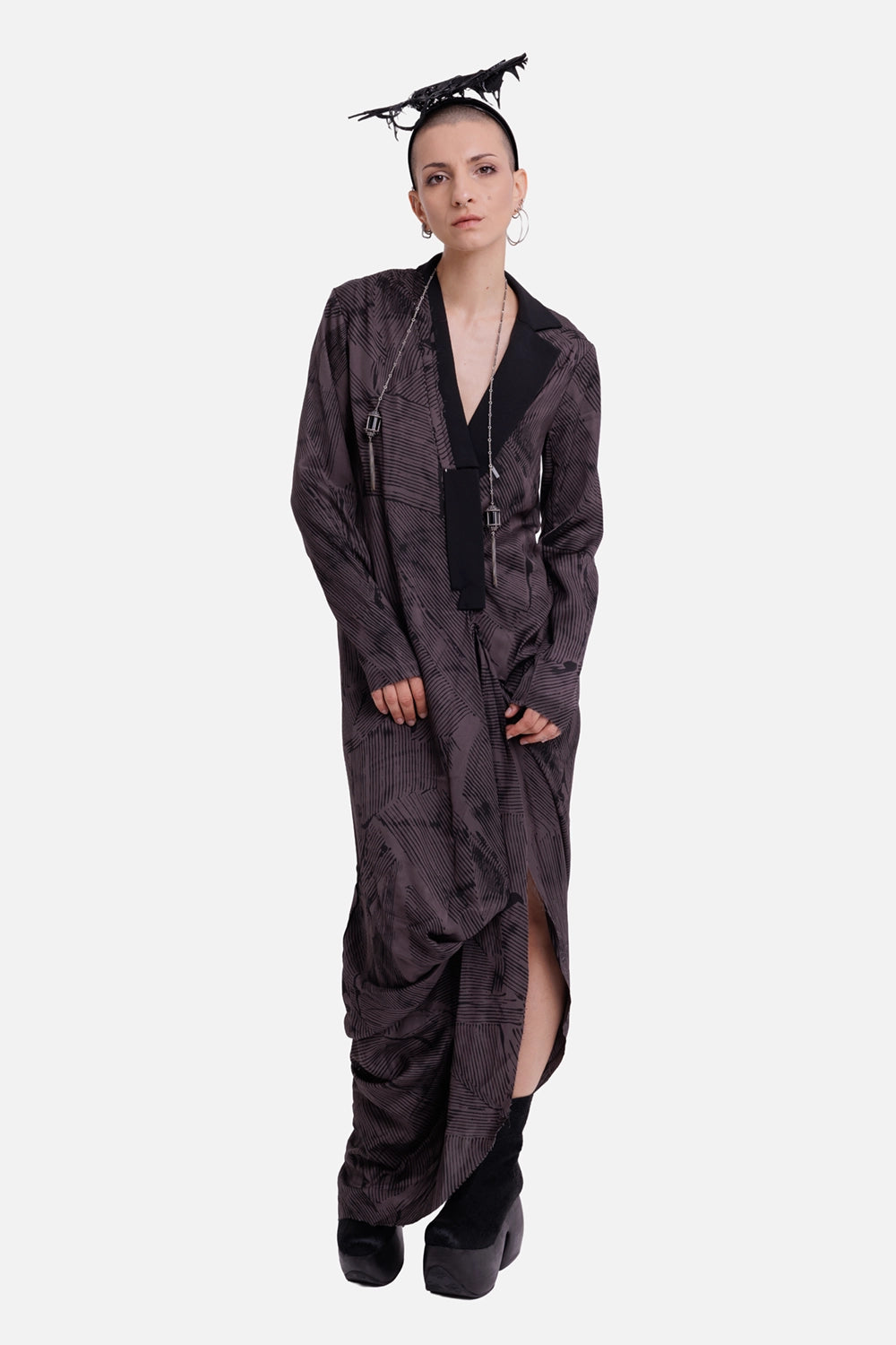 Giovanni Cavagna women's printed maxi dress, full-length on-model view with black lapels and high side opening