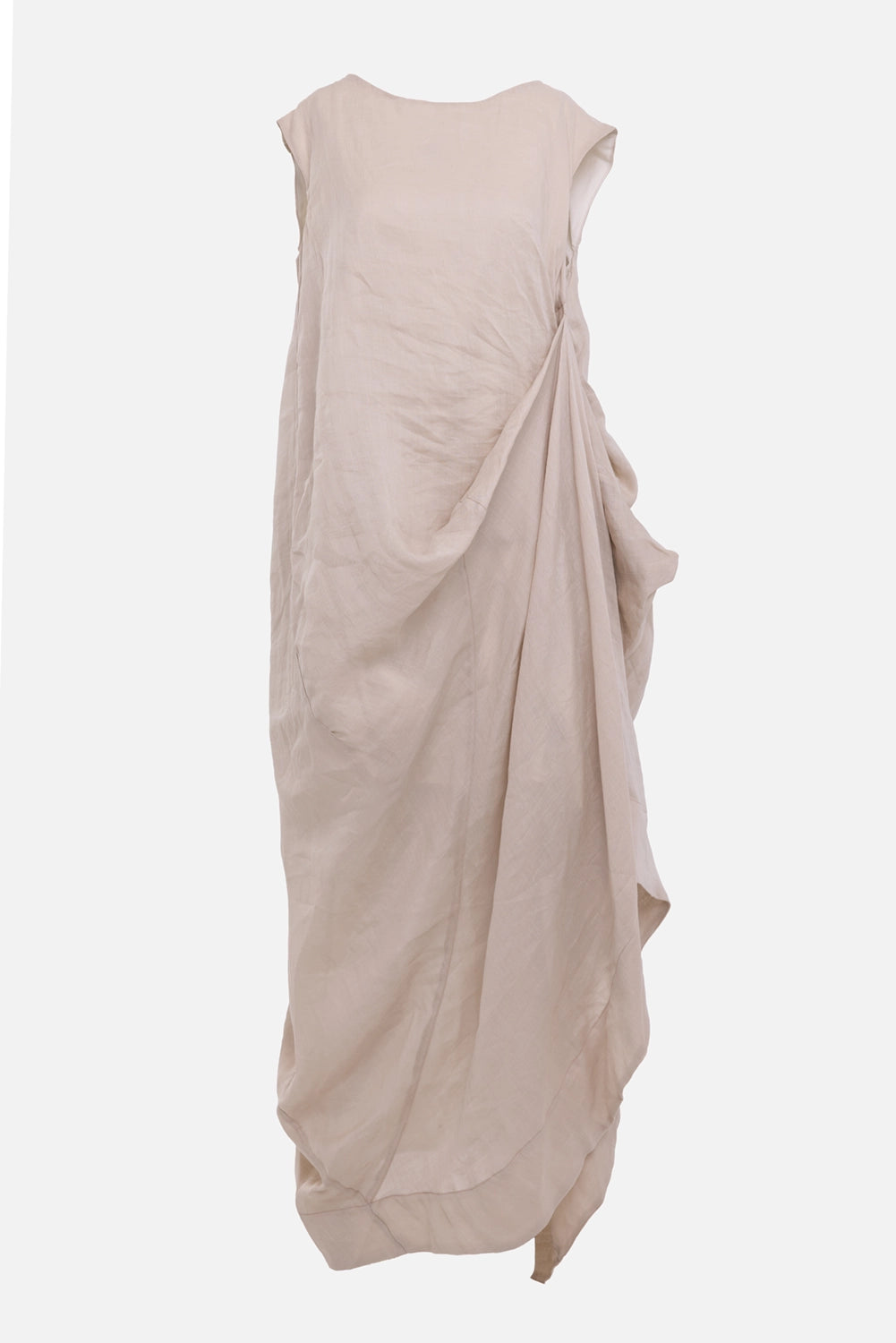 Giovanni Cavagna women's maxi dress in sand, back view, center pleat and asymmetric side drape