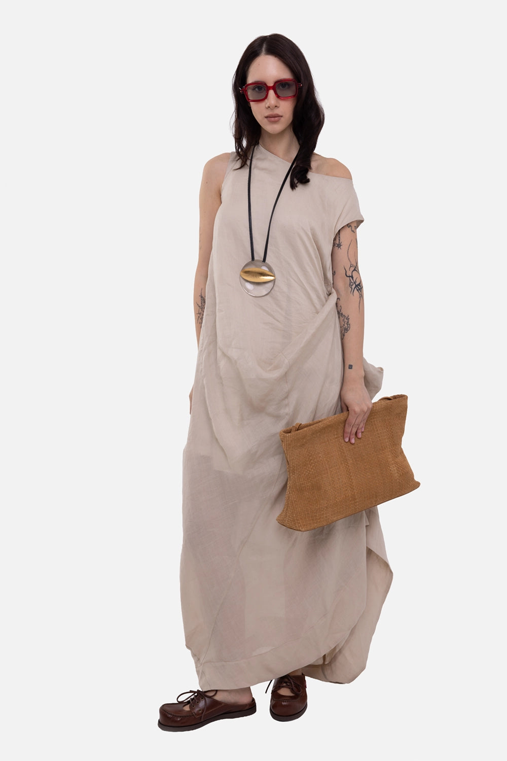 Giovanni Cavagna women's maxi dress in sand, on-model full length, asymmetric shoulder and gathered drape