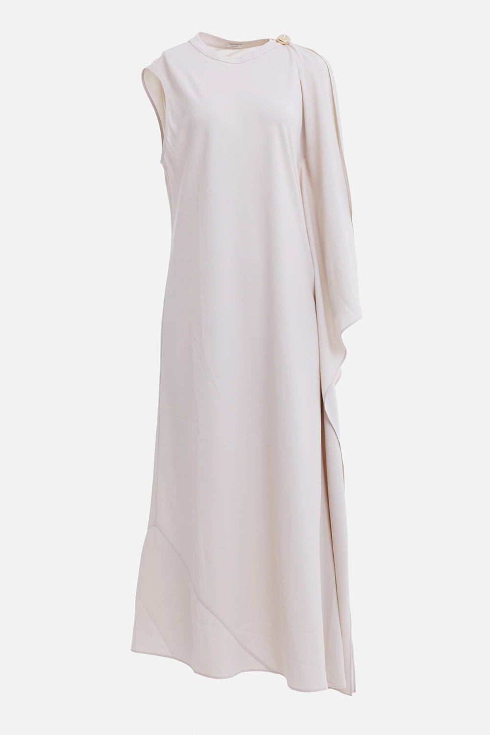 JOSEPH women's maxi dress in Sandstone, front view with waterfall cape panel and asymmetric hem