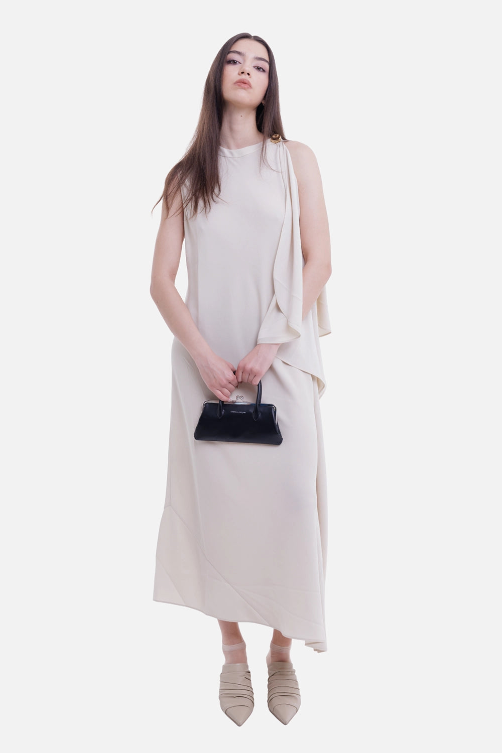 JOSEPH women's maxi dress in Sandstone, on-model full-length with asymmetric cape drape and gold shoulder button