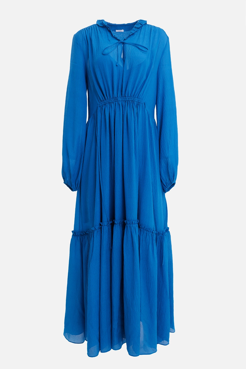 JOSEPH women's maxi dress in Siam Blue, front view with ruffled V-neck and self-tie detail