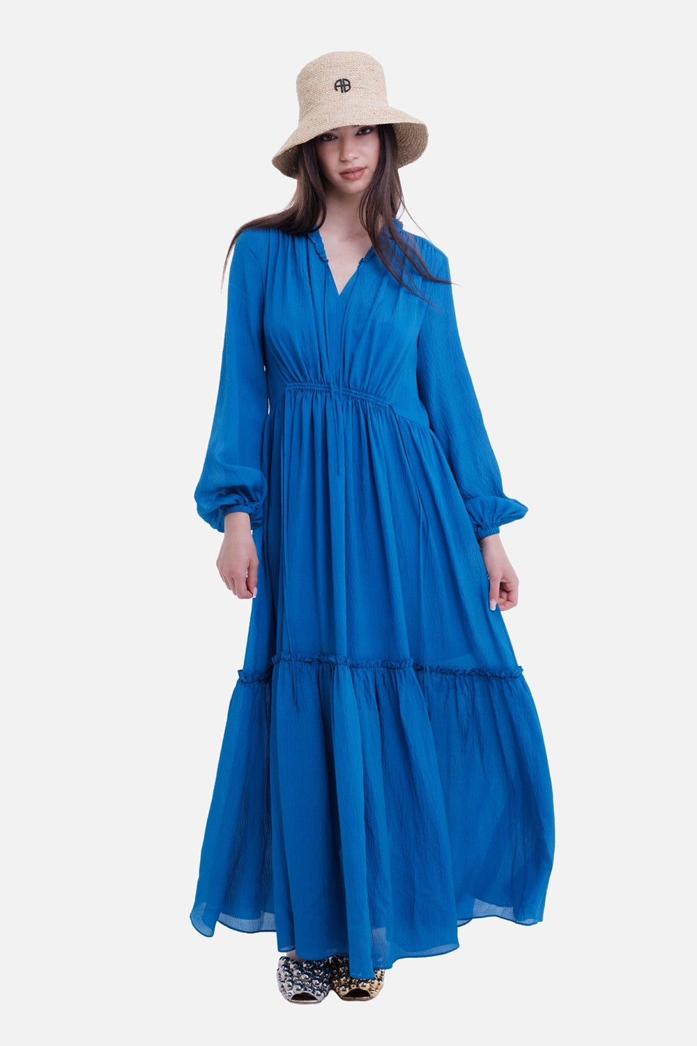 JOSEPH women's maxi dress in Siam Blue, full-length view with gathered waist and tiered skirt