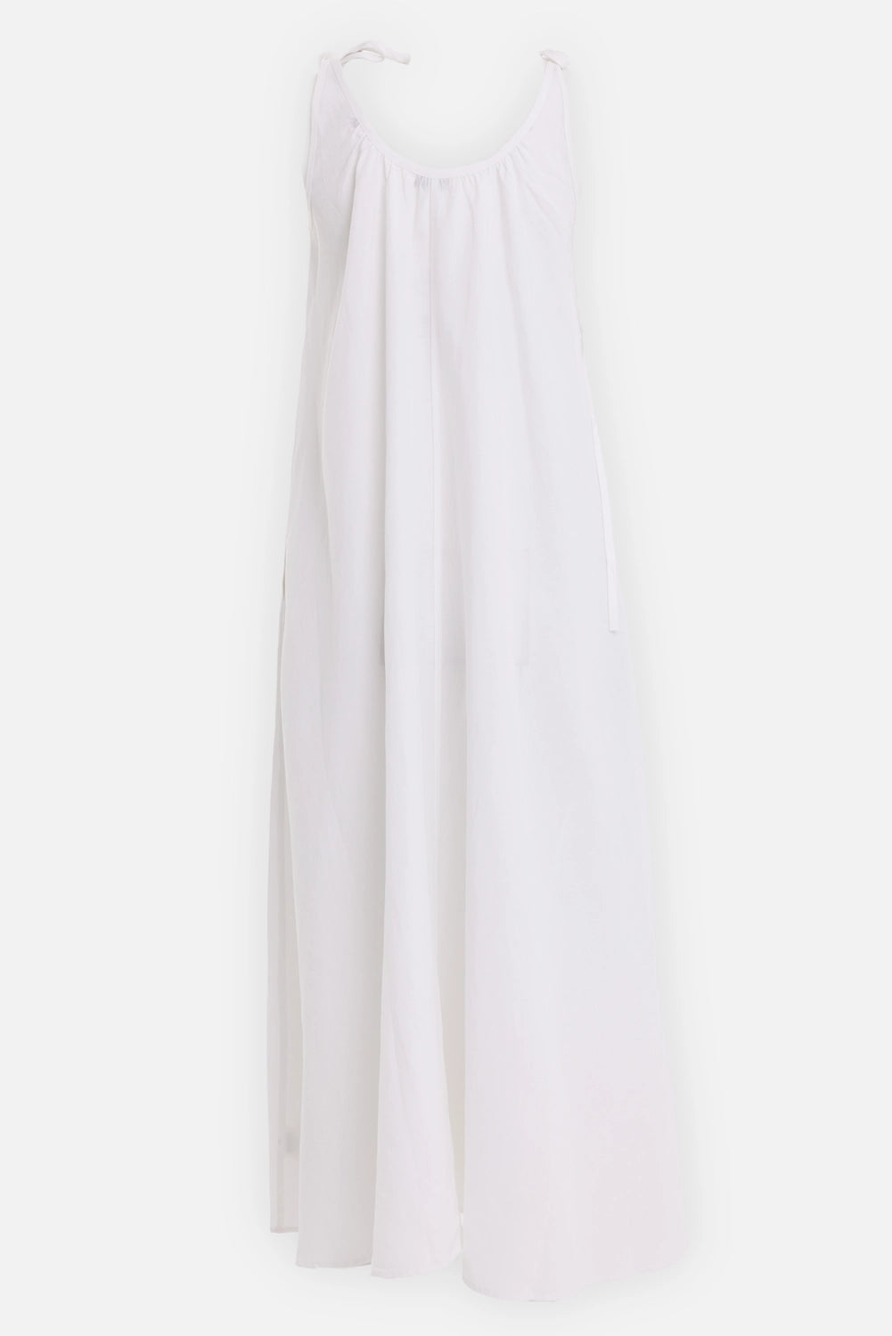 ANINE BING women's maxi dress in white, front view, gathered scoop neckline and tie straps
