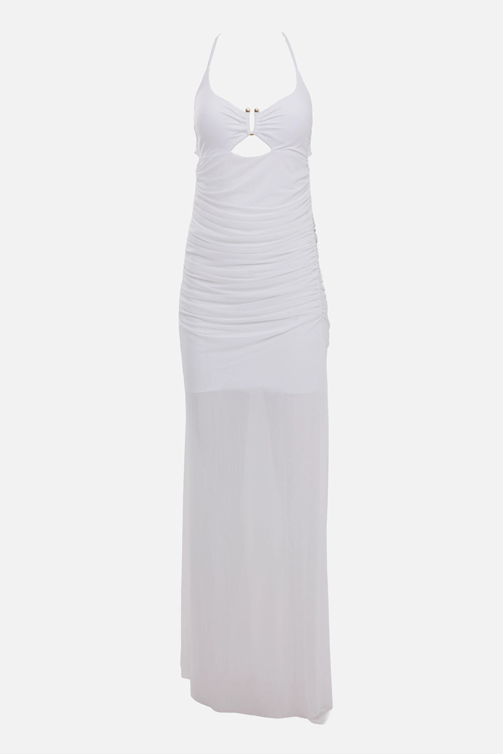 Fisico women maxi dress in white, front view, ruched bodice with keyhole cut-out and sheer skirt