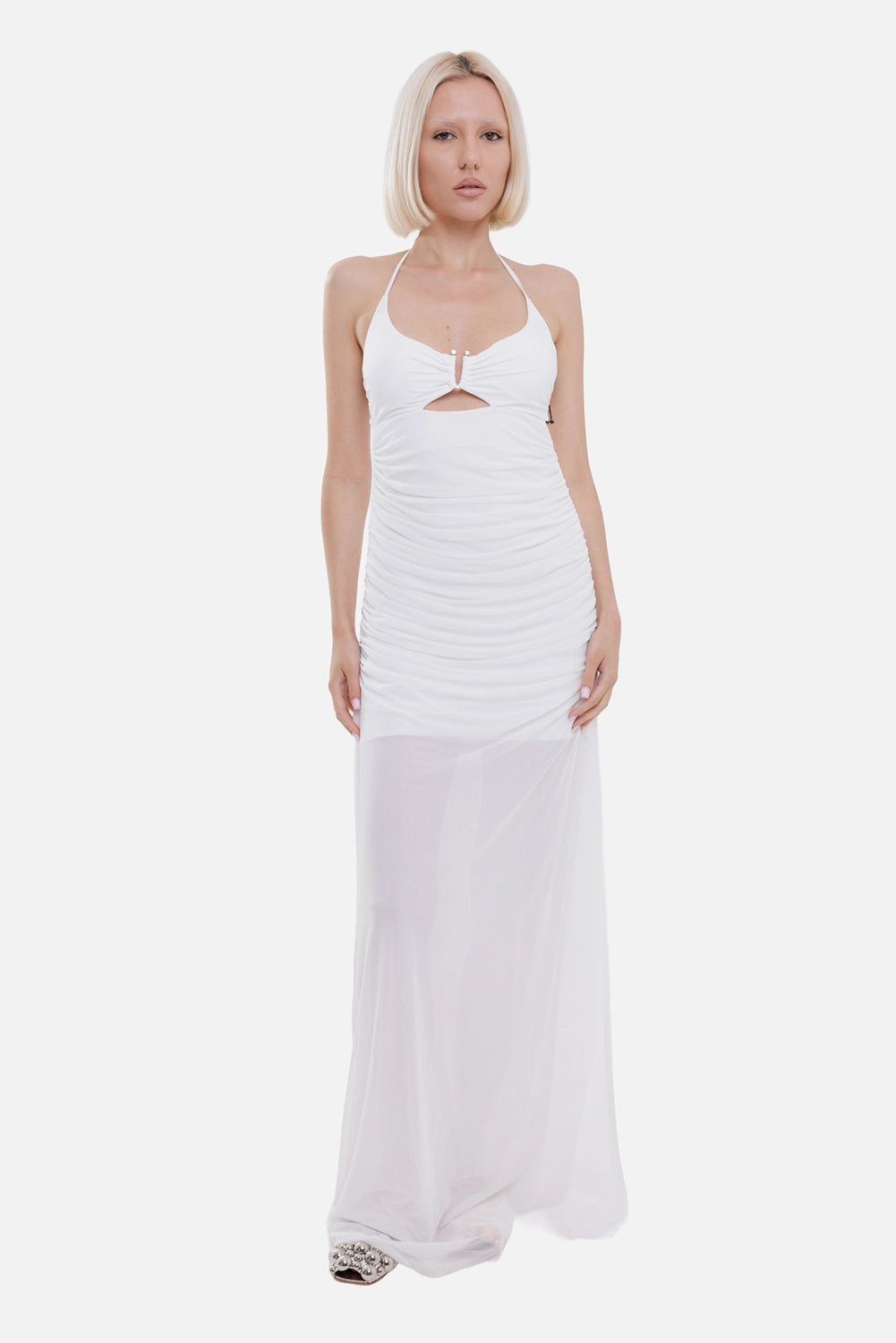 Fisico women maxi dress in white, on-model full length, ruched bodice and sheer floor-length skirt