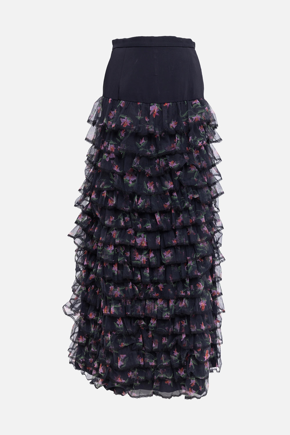 Pre-owned Preen by Thornton Bregazzi women's maxi skirt in black, back view, concealed zip and ruffle tiers