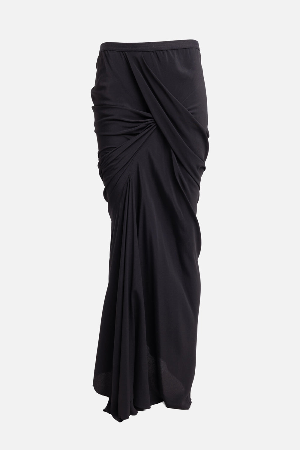 Pre-owned Rick Owens women maxi skirt in black, front view, twisted draped ruching at the hip.